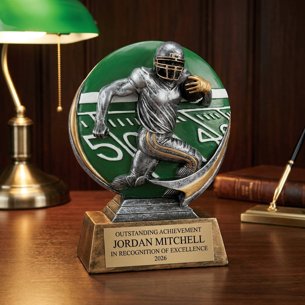 Personalized Color Football Player Resin Trophy resin award on a warm executive desk with a green banker's lamp, engraved corporate recognition and retirement gift
