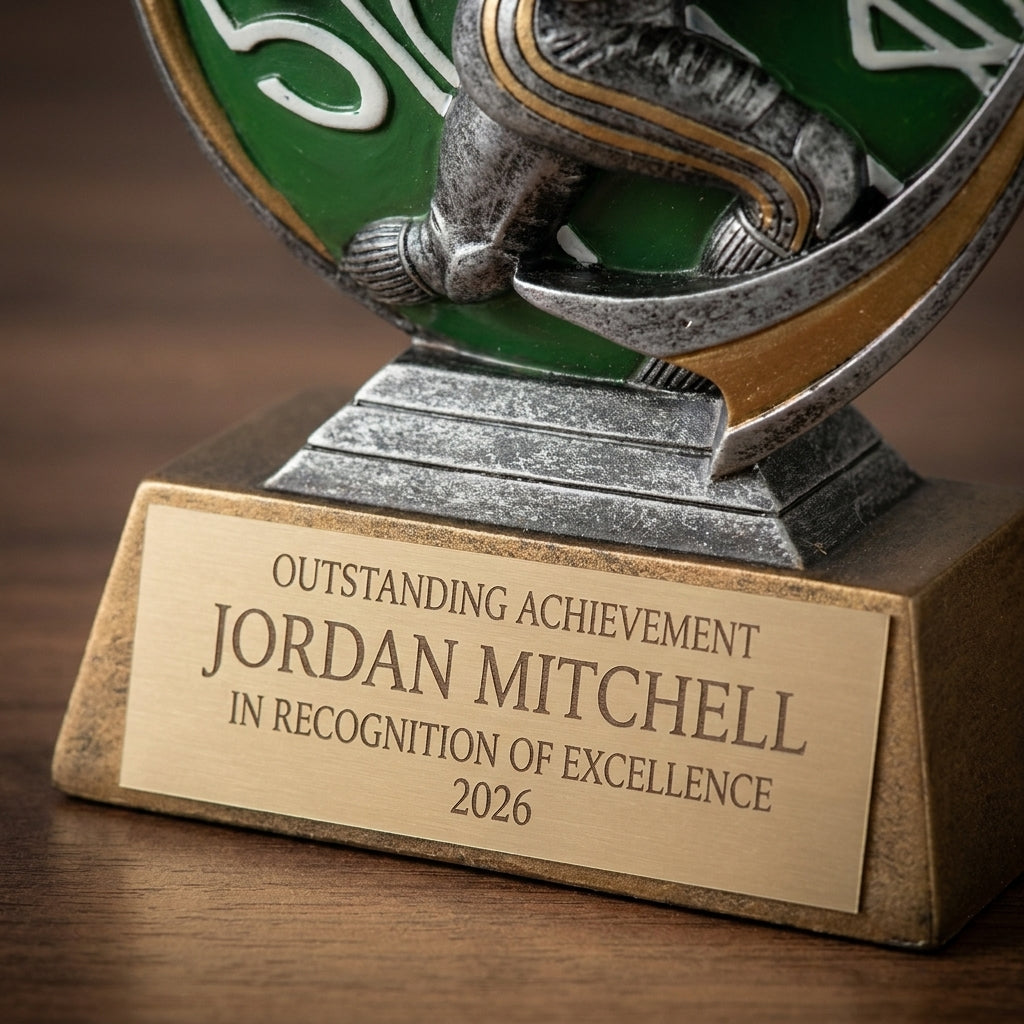 Close-up of the custom laser engraving on a personalized Color Football Player Resin Trophy resin award, showing crisp permanent personalization