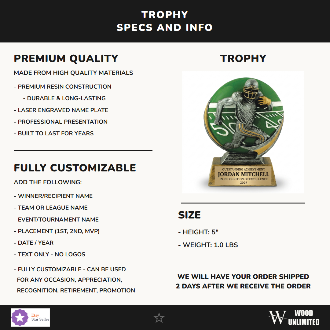 Specifications for the personalized Color Football Player Resin Trophy resin award — materials, engraving, and features