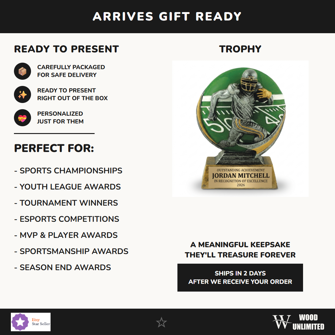 Gift-ready personalized Color Football Player Resin Trophy resin award, perfect for ceremonies, retirements, and corporate recognition