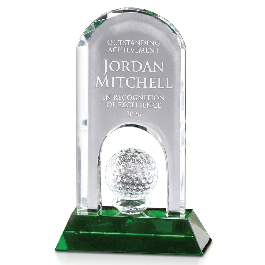 Personalized Crystal Golf Award crystal award, custom laser engraved recognition award on a clean white studio background