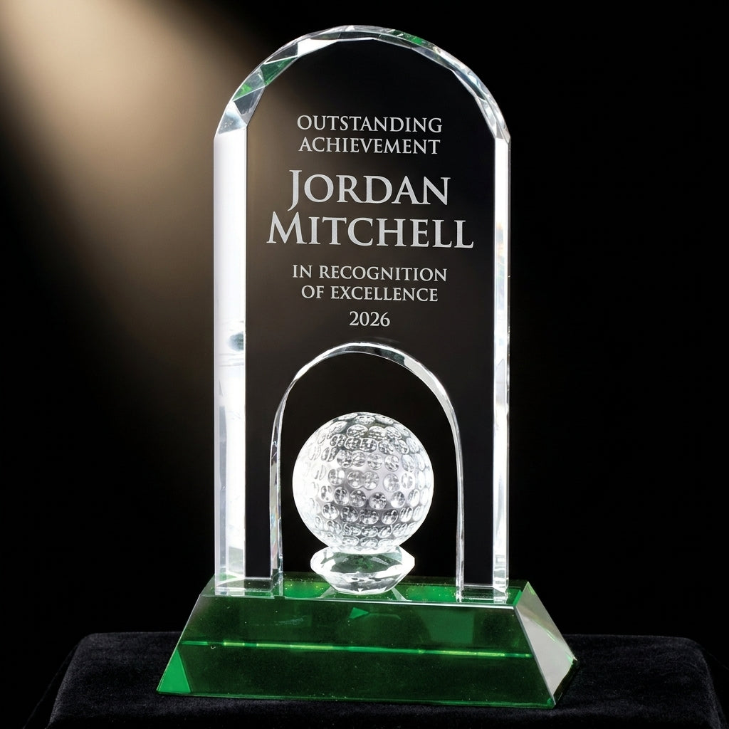 Personalized Crystal Golf Award crystal award on black velvet under awards-ceremony spotlight, engraved champion and lifetime achievement award