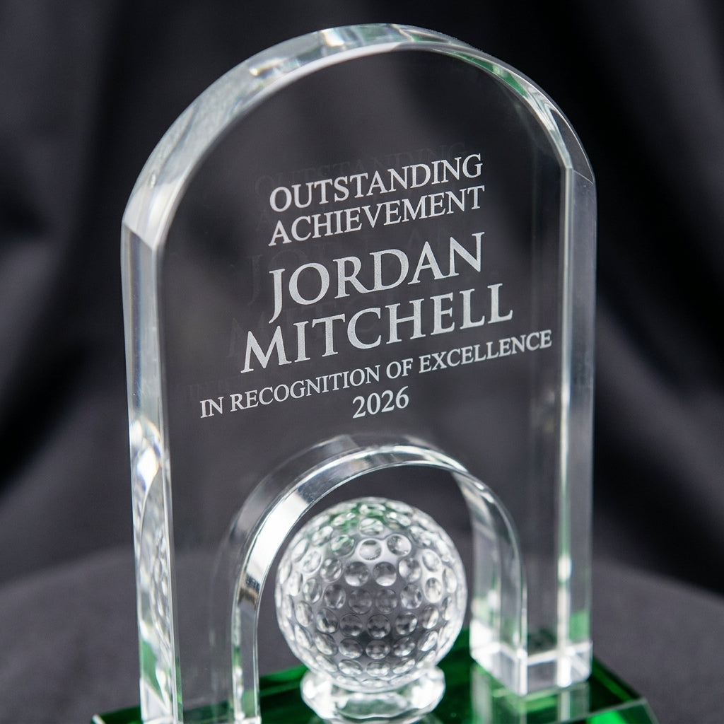 Close-up of the custom laser engraving on a personalized Crystal Golf Award crystal award, showing crisp permanent personalization