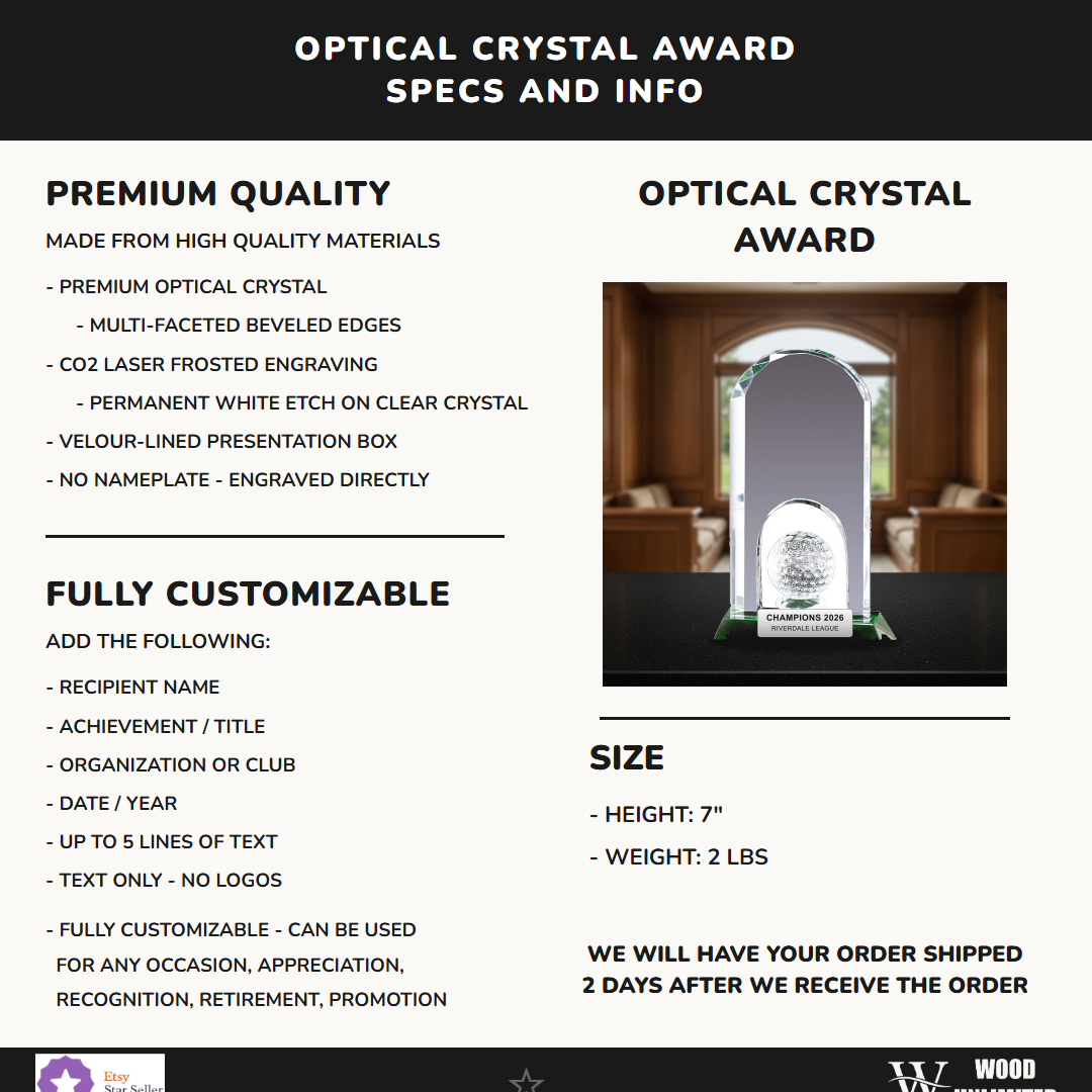Specifications for the personalized Crystal Golf Award crystal award — materials, engraving, and features