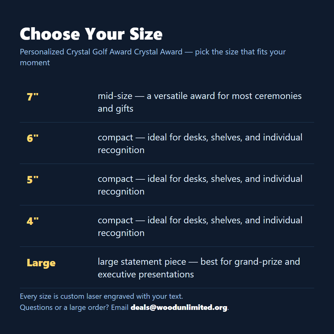 Size guide for the personalized Crystal Golf Award crystal award, choose the size that fits your ceremony or gift