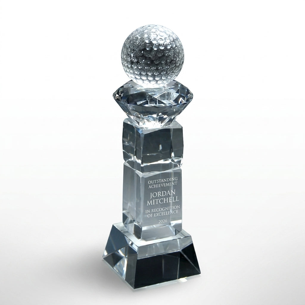 Personalized Crystal Golf Ball With Slant Base Award crystal award, custom laser engraved recognition award on a clean white studio background