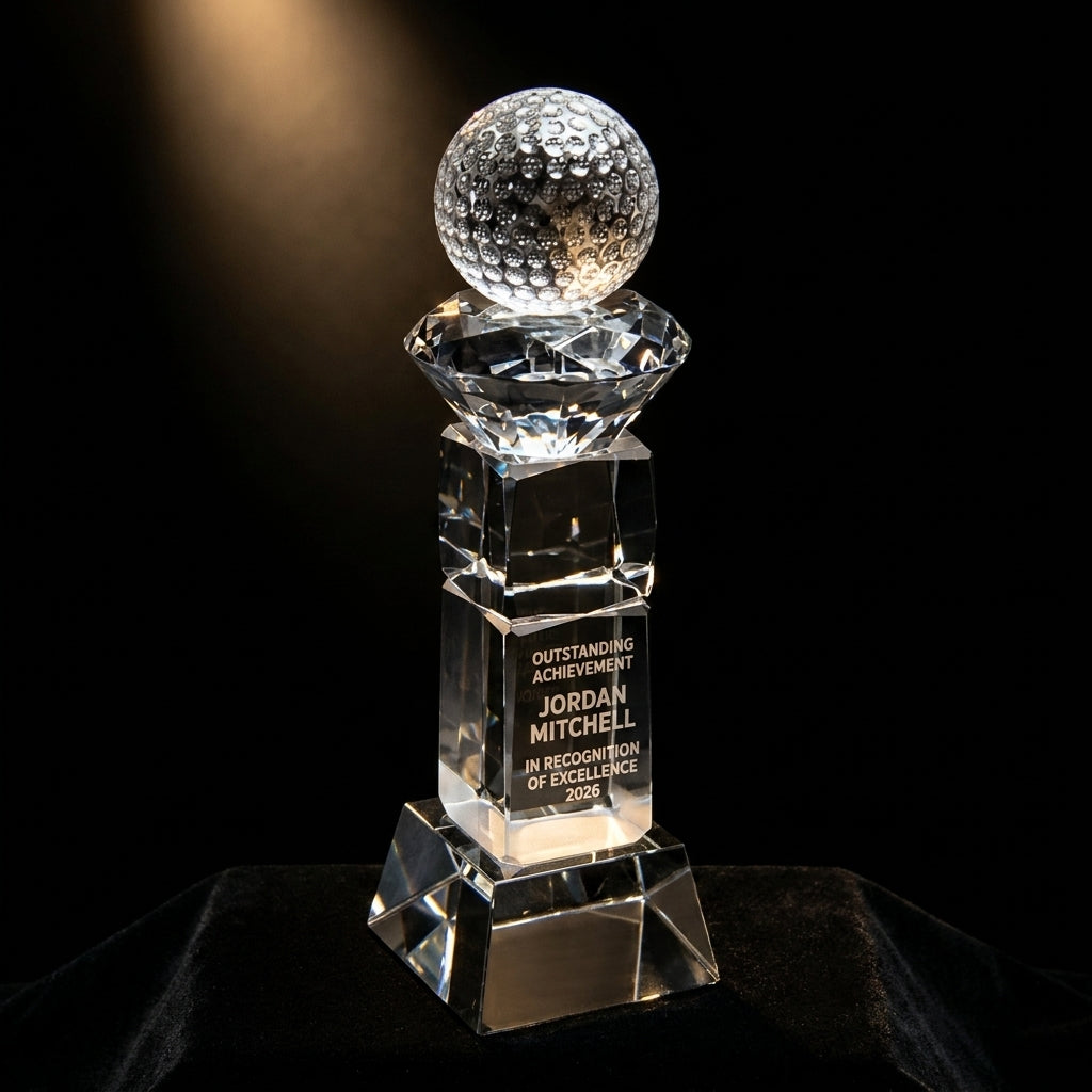 Personalized Crystal Golf Ball With Slant Base Award crystal award on black velvet under awards-ceremony spotlight, engraved champion and lifetime achievement award