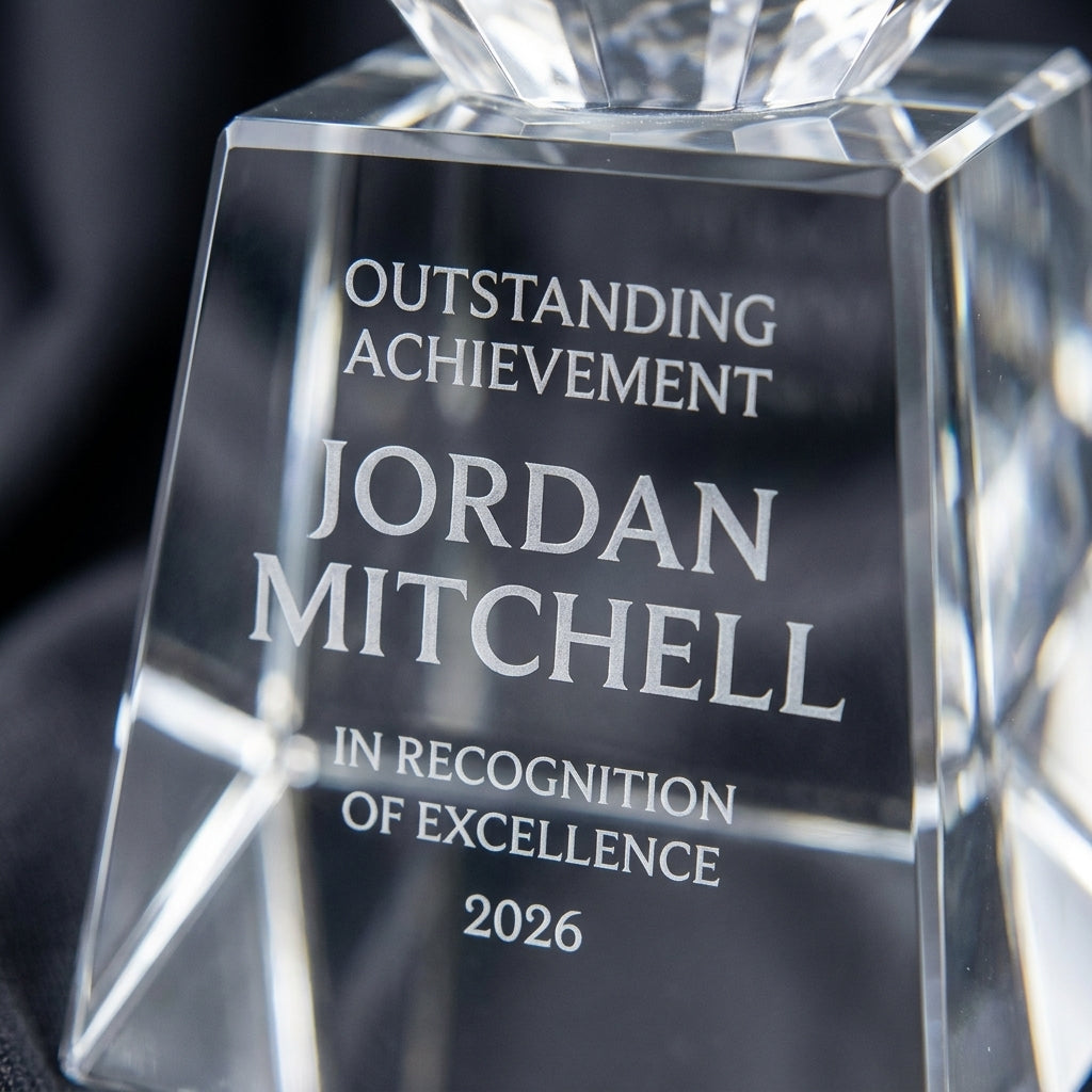 Close-up of the custom laser engraving on a personalized Crystal Golf Ball With Slant Base Award crystal award, showing crisp permanent personalization