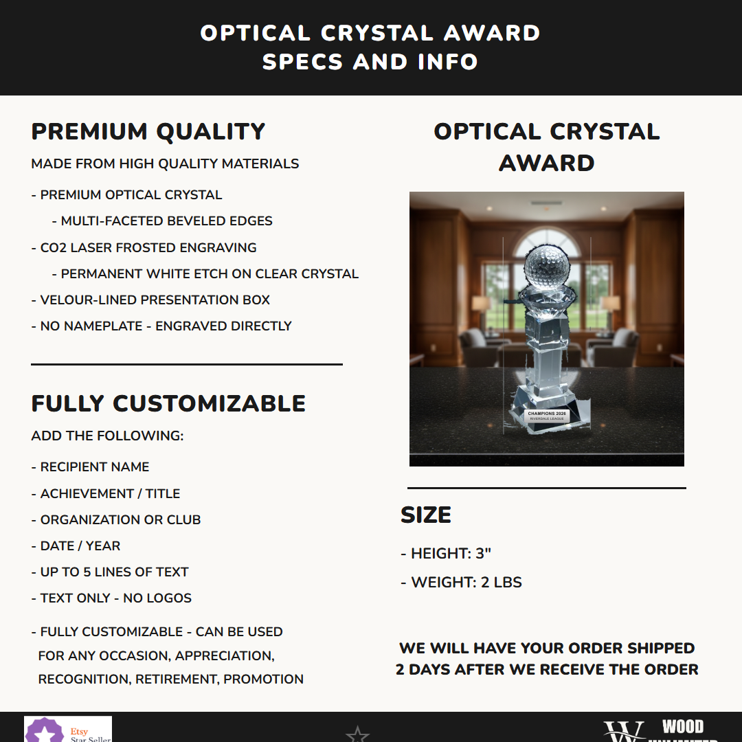 Specifications for the personalized Crystal Golf Ball With Slant Base Award crystal award — materials, engraving, and features
