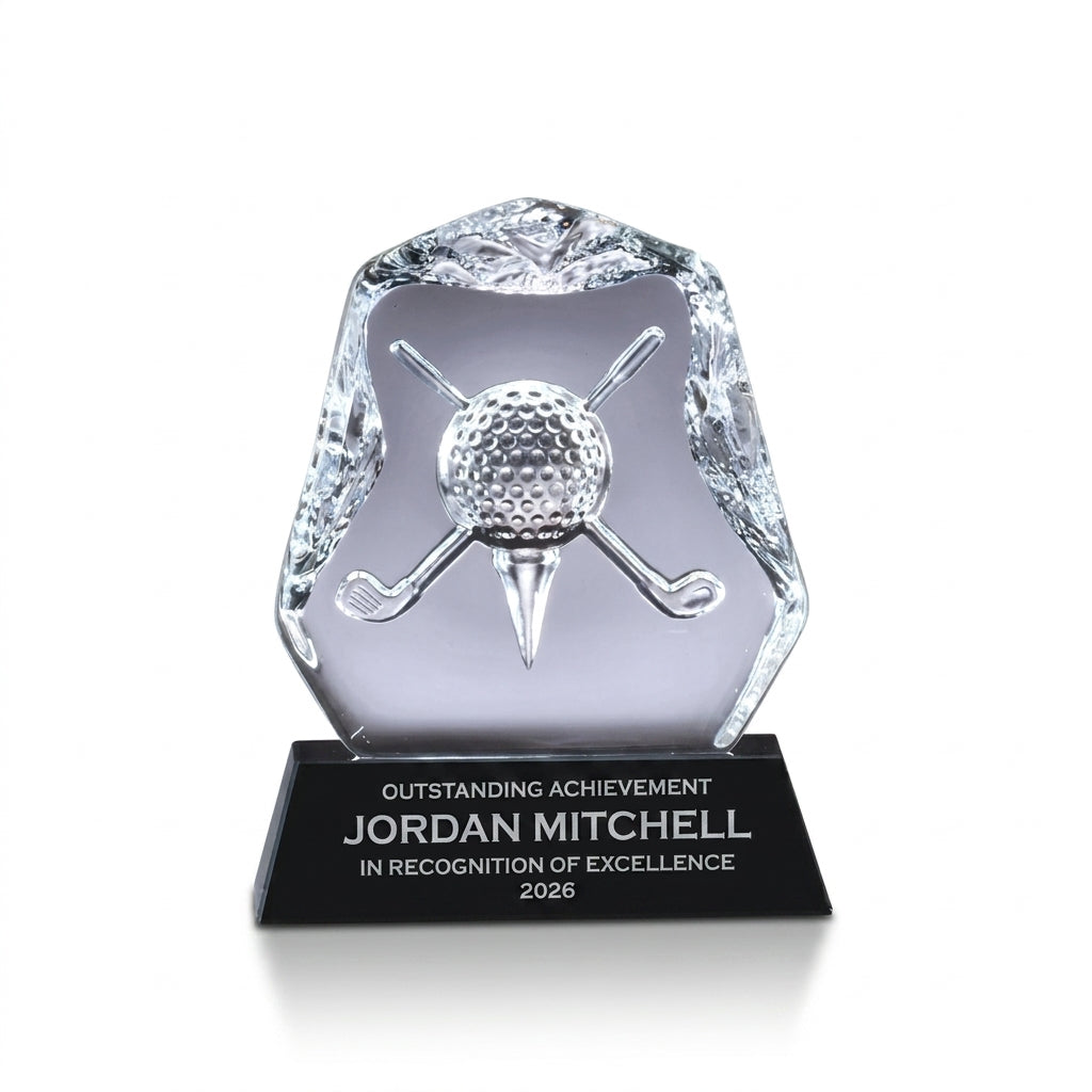Personalized Crystal Golf Club With Ball Award crystal award, custom laser engraved recognition award on a clean white studio background