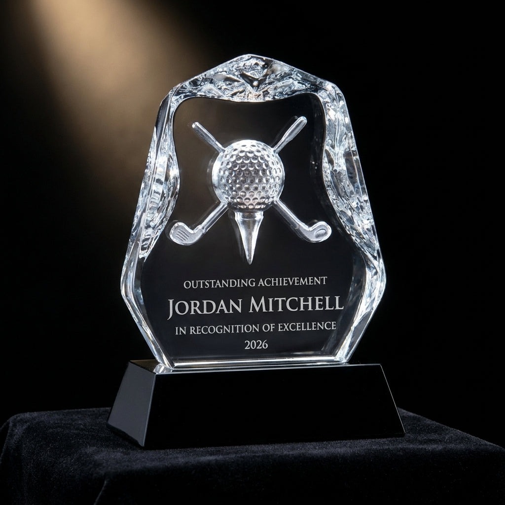 Personalized Crystal Golf Club With Ball Award crystal award on black velvet under awards-ceremony spotlight, engraved champion and lifetime achievement award