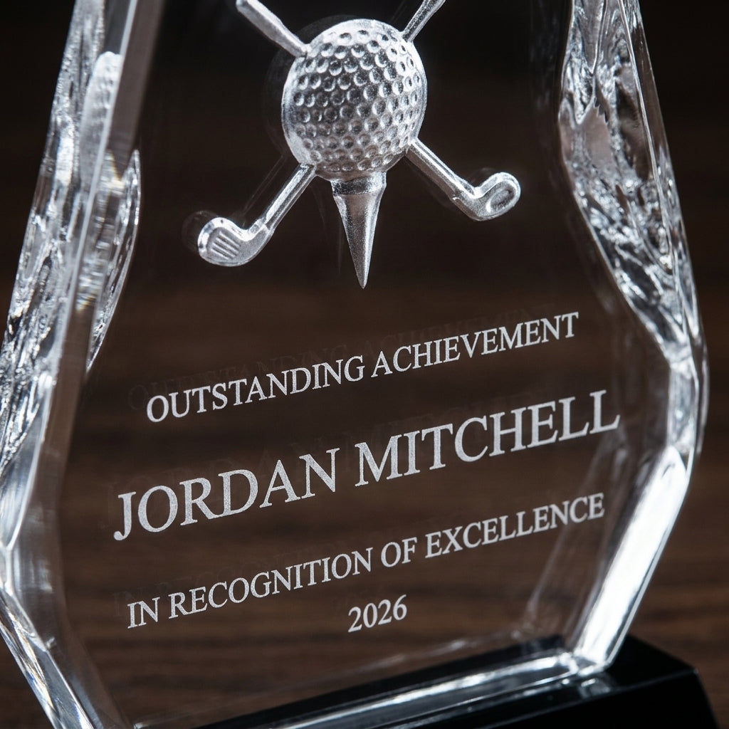 Close-up of the custom laser engraving on a personalized Crystal Golf Club With Ball Award crystal award, showing crisp permanent personalization