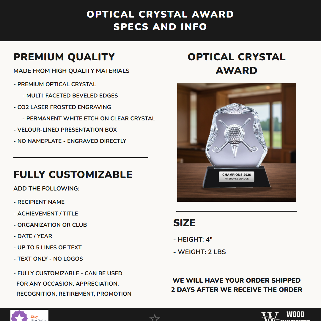 Specifications for the personalized Crystal Golf Club With Ball Award crystal award — materials, engraving, and features