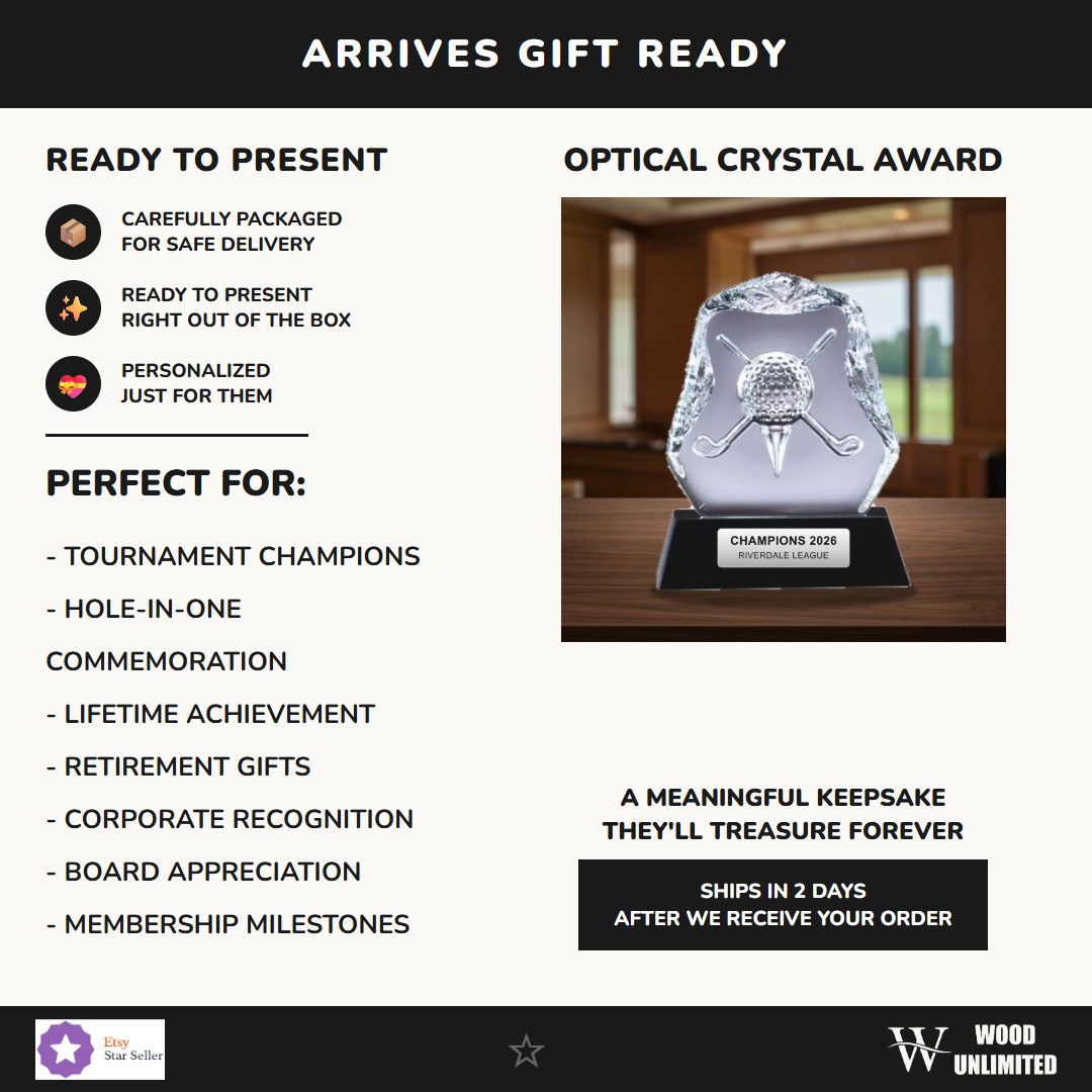 Gift-ready personalized Crystal Golf Club With Ball Award crystal award, perfect for ceremonies, retirements, and corporate recognition