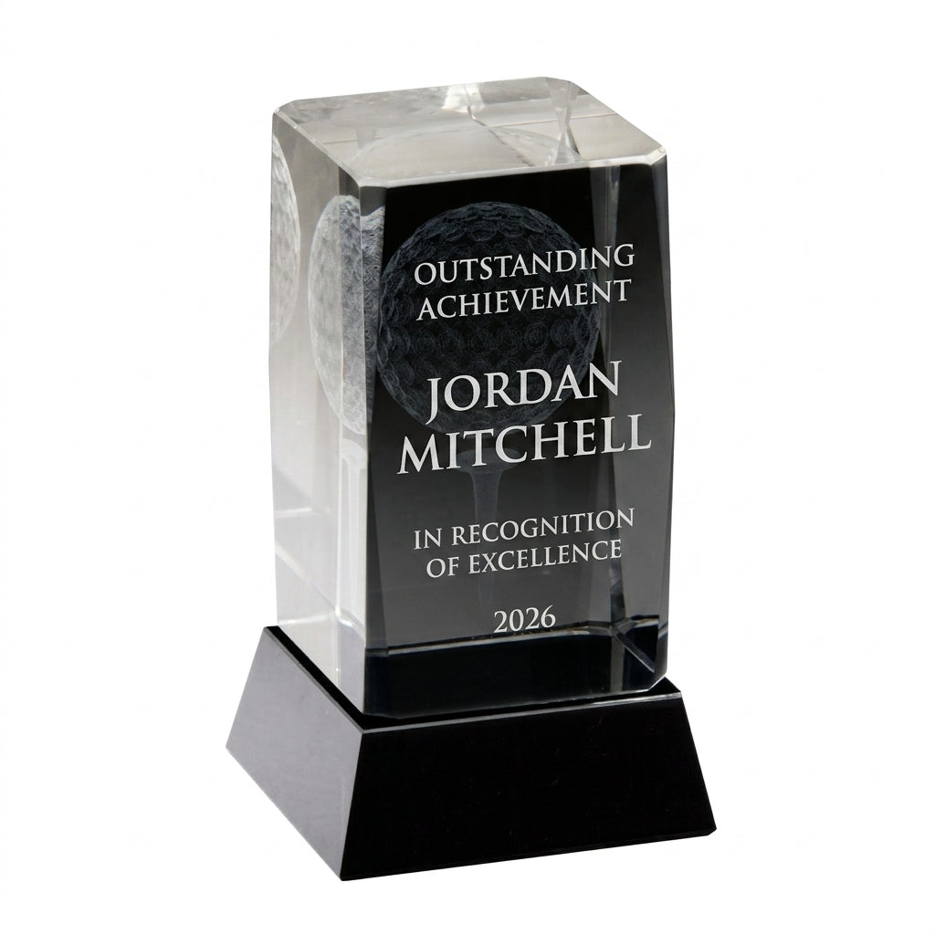Personalized Crystal Golf With Black Base Award crystal award, custom laser engraved recognition award on a clean white studio background