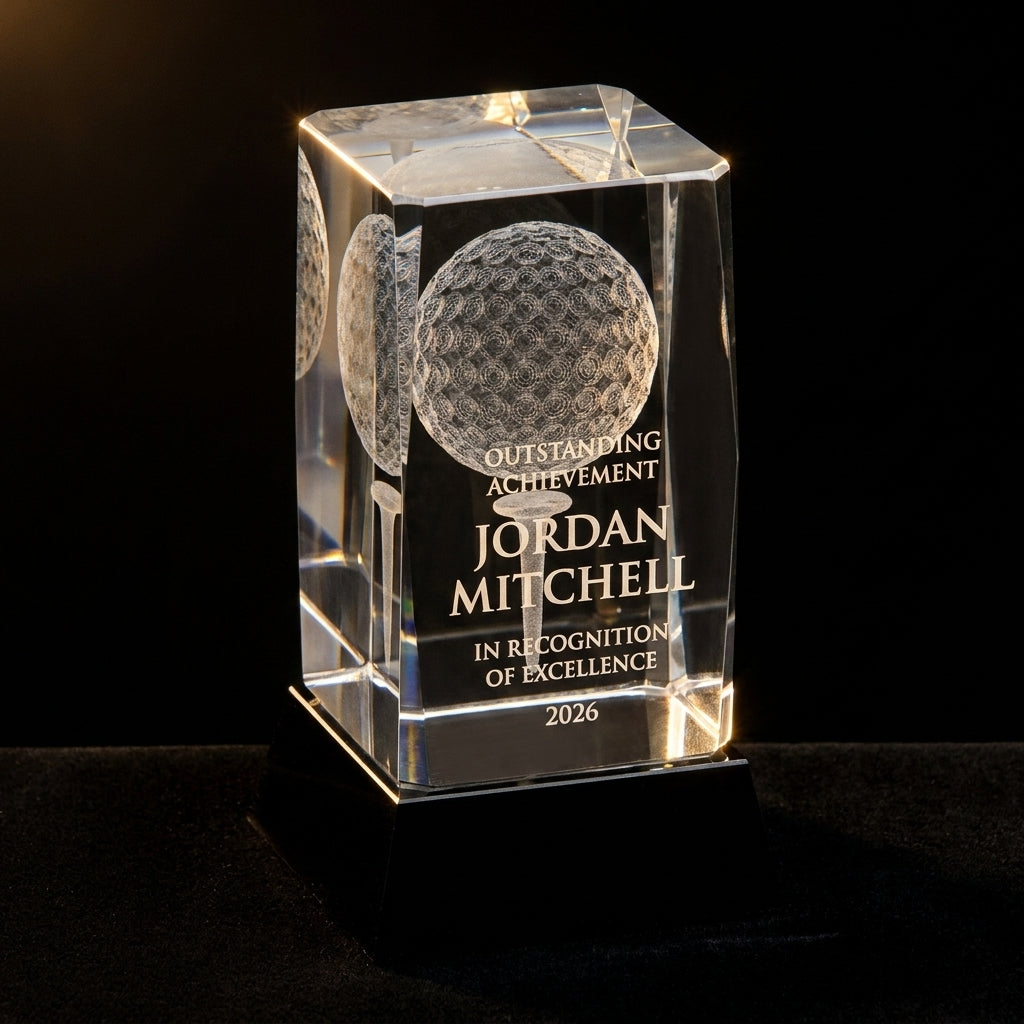 Personalized Crystal Golf With Black Base Award crystal award on black velvet under awards-ceremony spotlight, engraved champion and lifetime achievement award