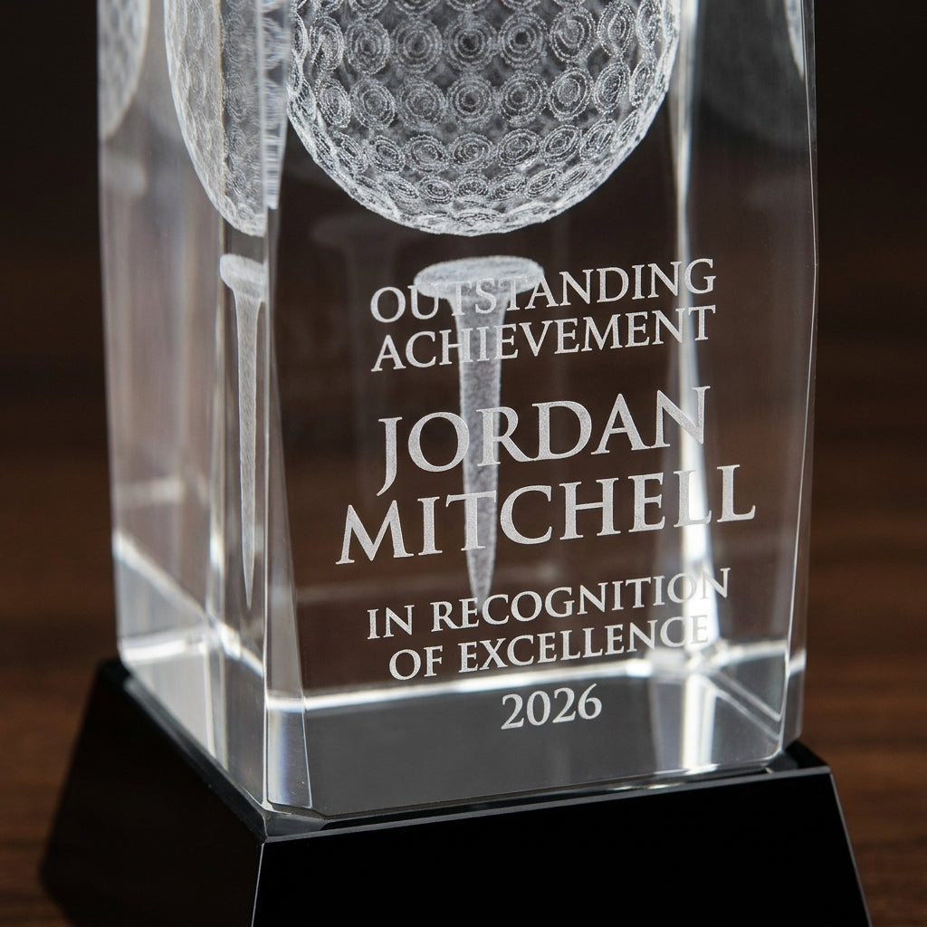 Close-up of the custom laser engraving on a personalized Crystal Golf With Black Base Award crystal award, showing crisp permanent personalization