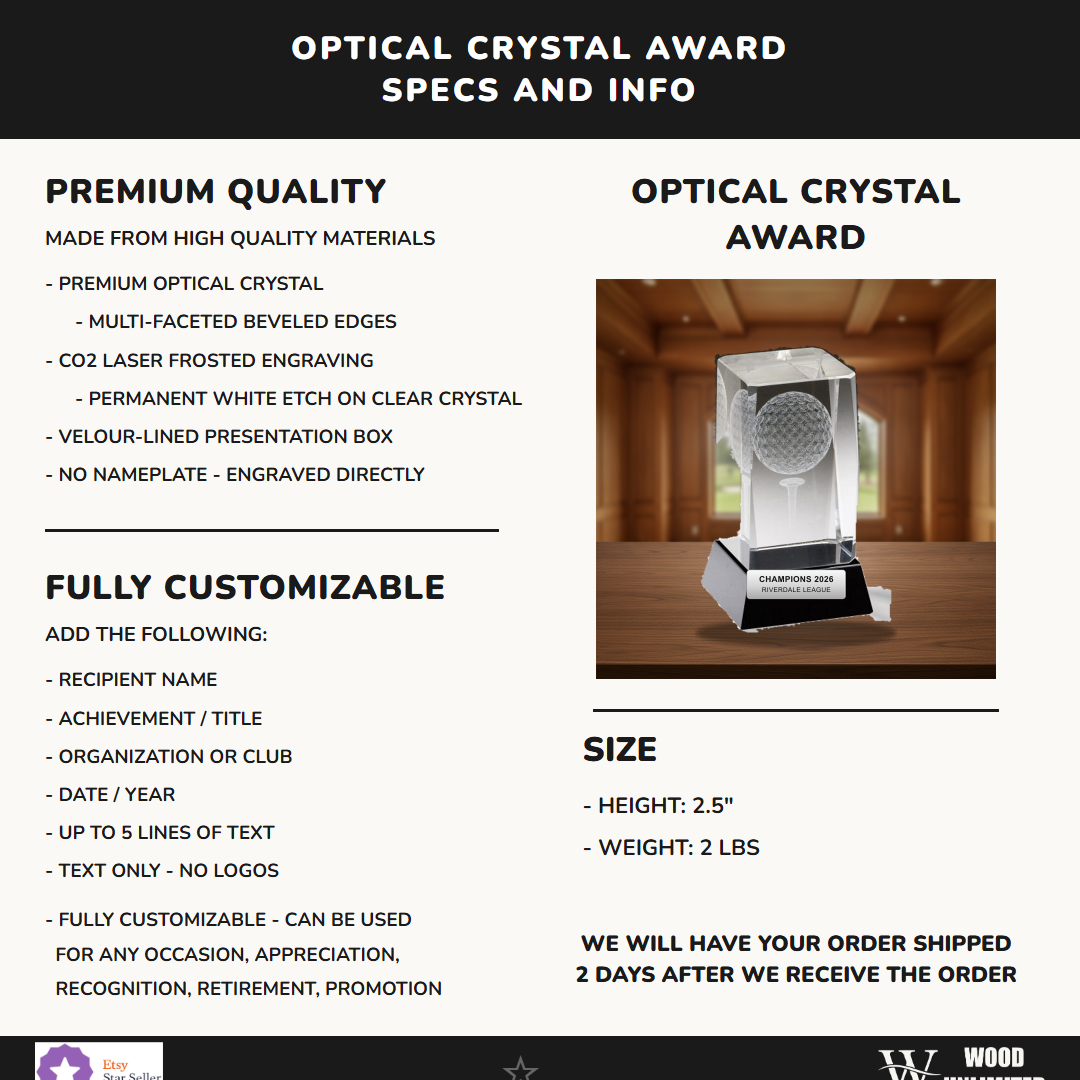 Specifications for the personalized Crystal Golf With Black Base Award crystal award — materials, engraving, and features