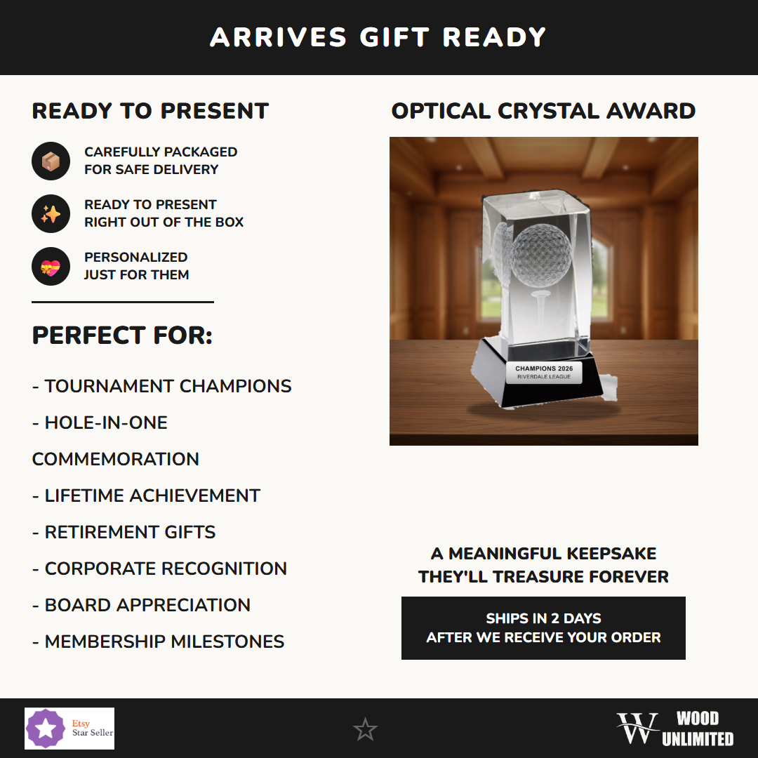 Gift-ready personalized Crystal Golf With Black Base Award crystal award, perfect for ceremonies, retirements, and corporate recognition