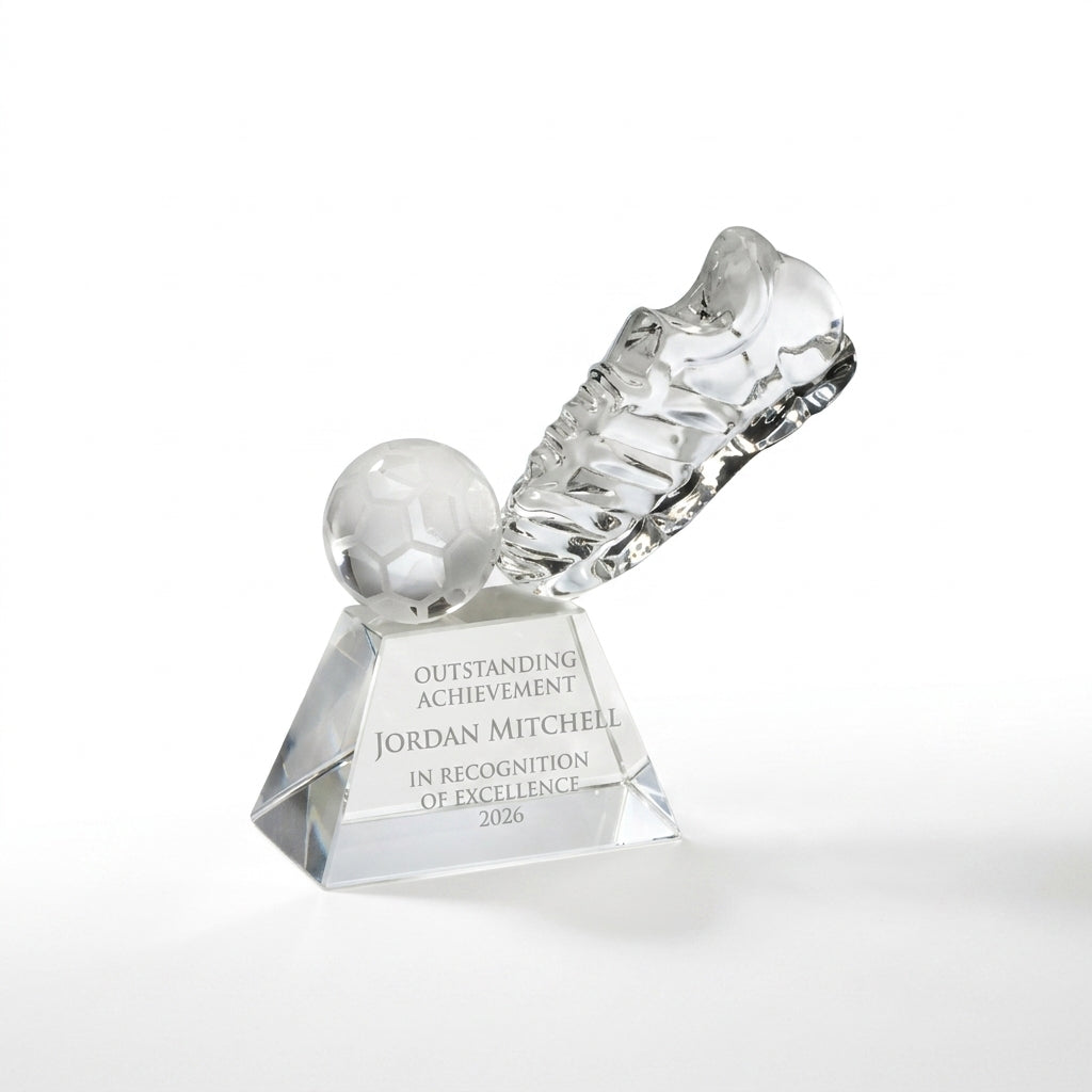 Personalized Crystal Soccer Trophy crystal award, custom laser engraved recognition award on a clean white studio background