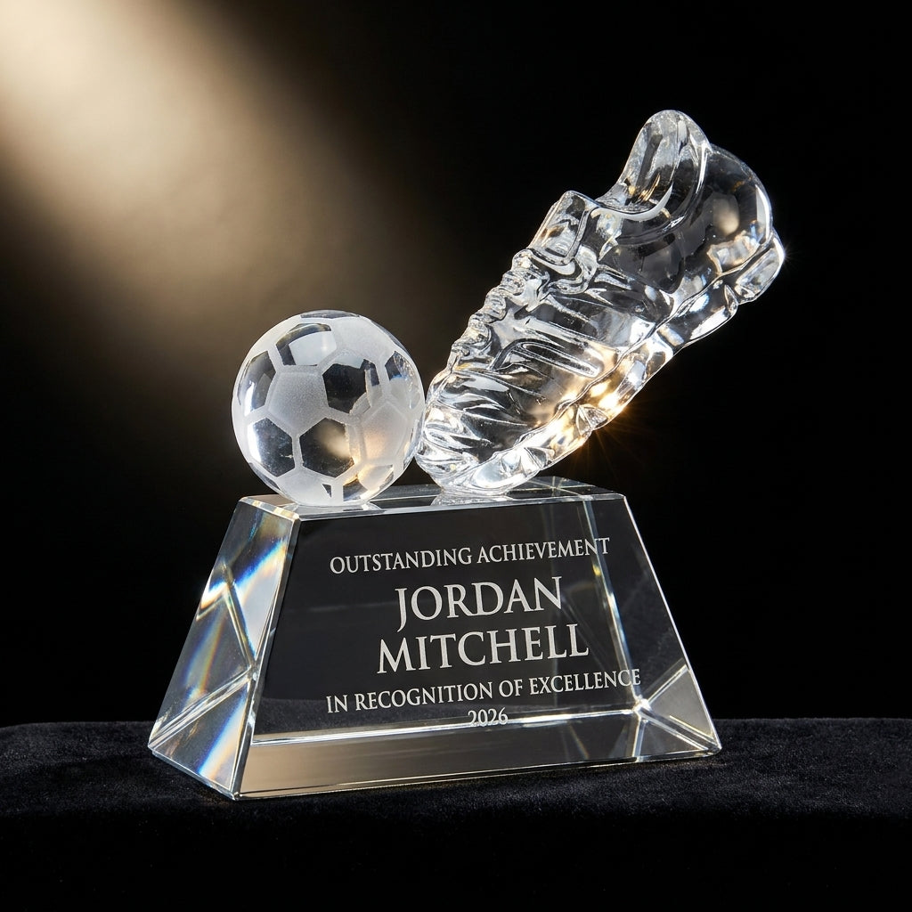 Personalized Crystal Soccer Trophy crystal award on black velvet under awards-ceremony spotlight, engraved champion and lifetime achievement award