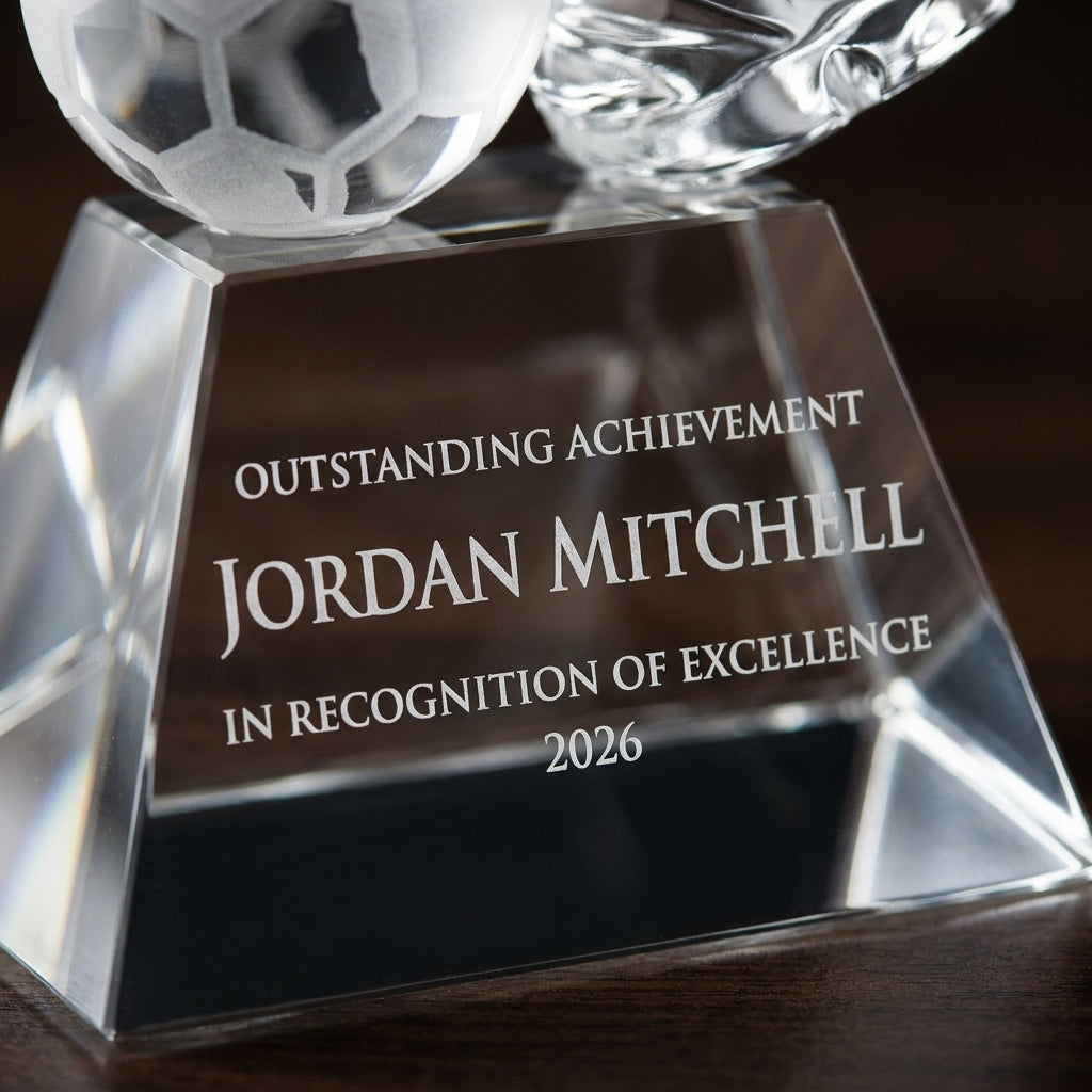 Close-up of the custom laser engraving on a personalized Crystal Soccer Trophy crystal award, showing crisp permanent personalization