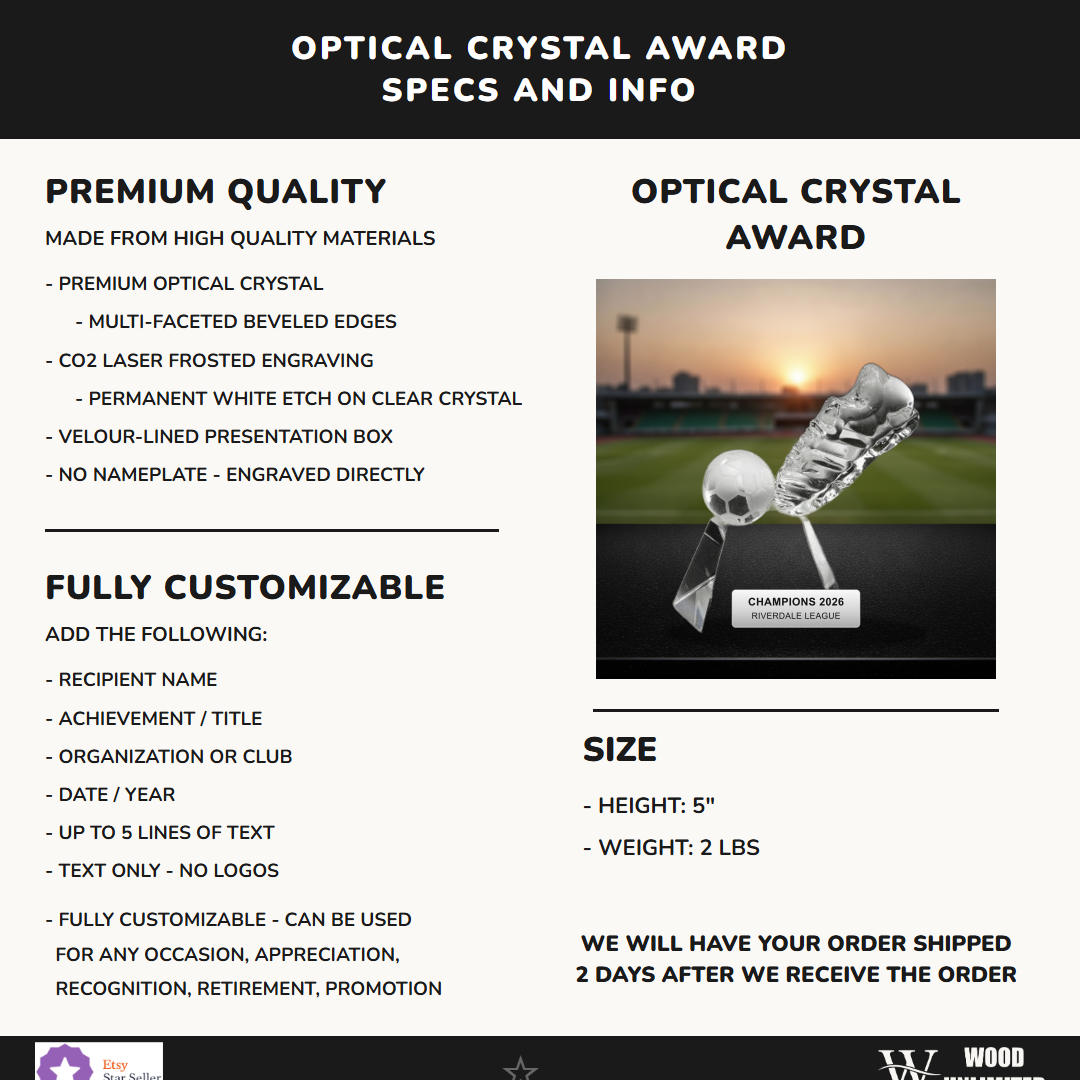 Specifications for the personalized Crystal Soccer Trophy crystal award — materials, engraving, and features