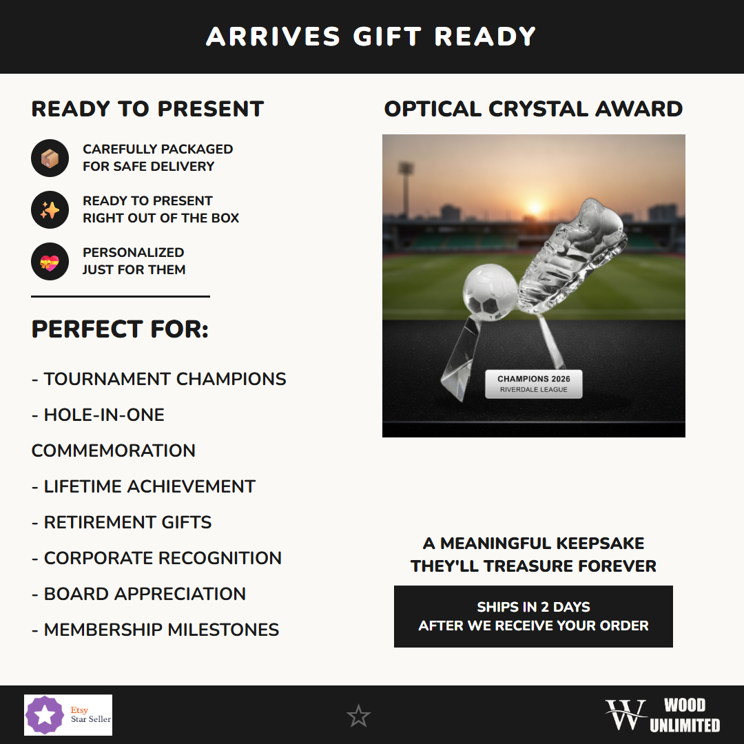 Gift-ready personalized Crystal Soccer Trophy crystal award, perfect for ceremonies, retirements, and corporate recognition