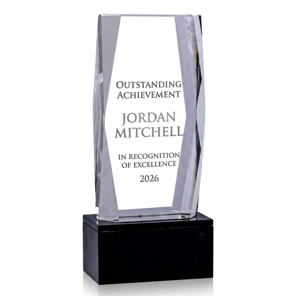 Personalized Crystal Tower 3D Baseball Award crystal award, custom laser engraved recognition award on a clean white studio background