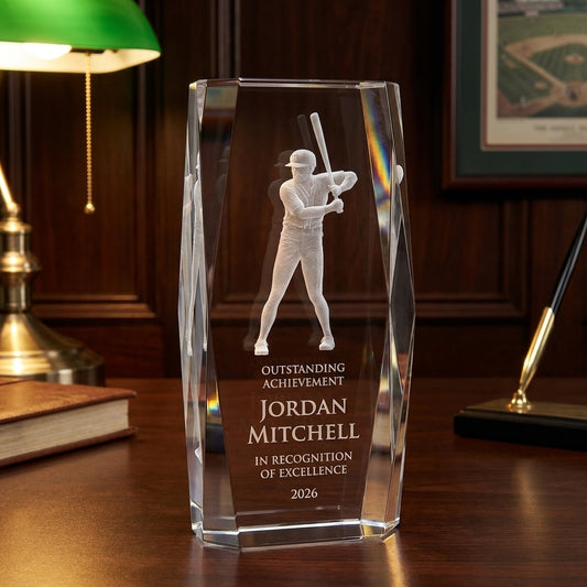 Personalized Crystal Tower 3D Baseball Award crystal award on a warm executive desk with a green banker's lamp, engraved corporate recognition and retirement gift
