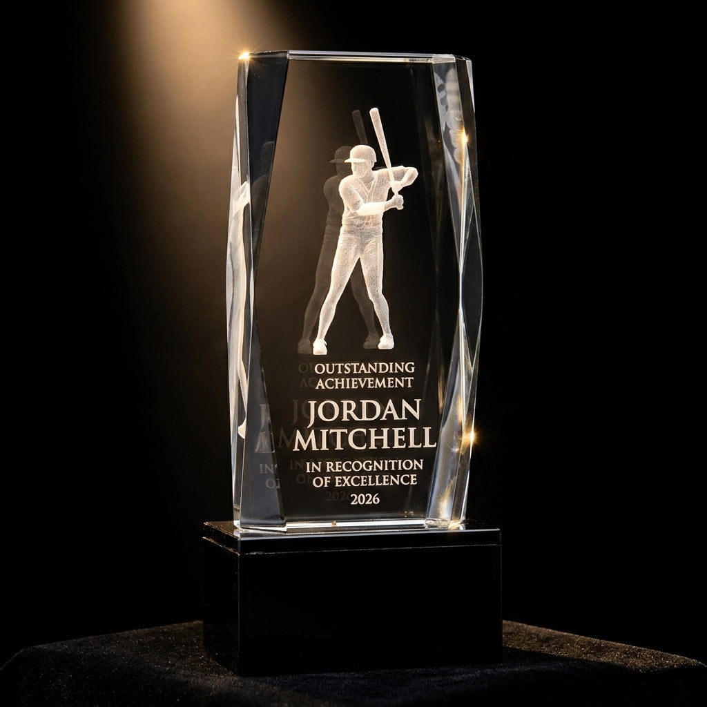 Personalized Crystal Tower 3D Baseball Award crystal award on black velvet under awards-ceremony spotlight, engraved champion and lifetime achievement award