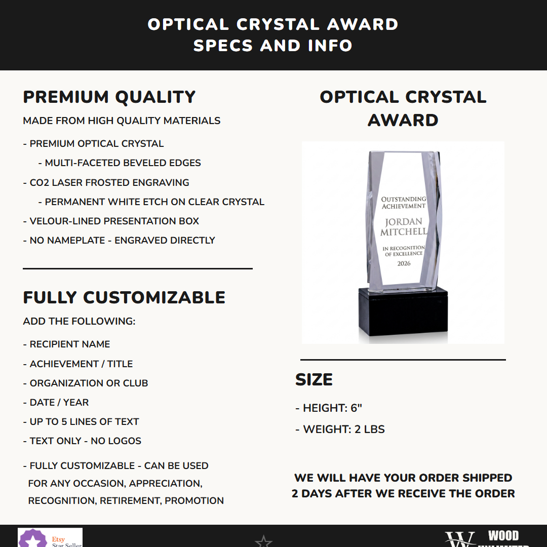 Specifications for the personalized Crystal Tower 3D Baseball Award crystal award — materials, engraving, and features