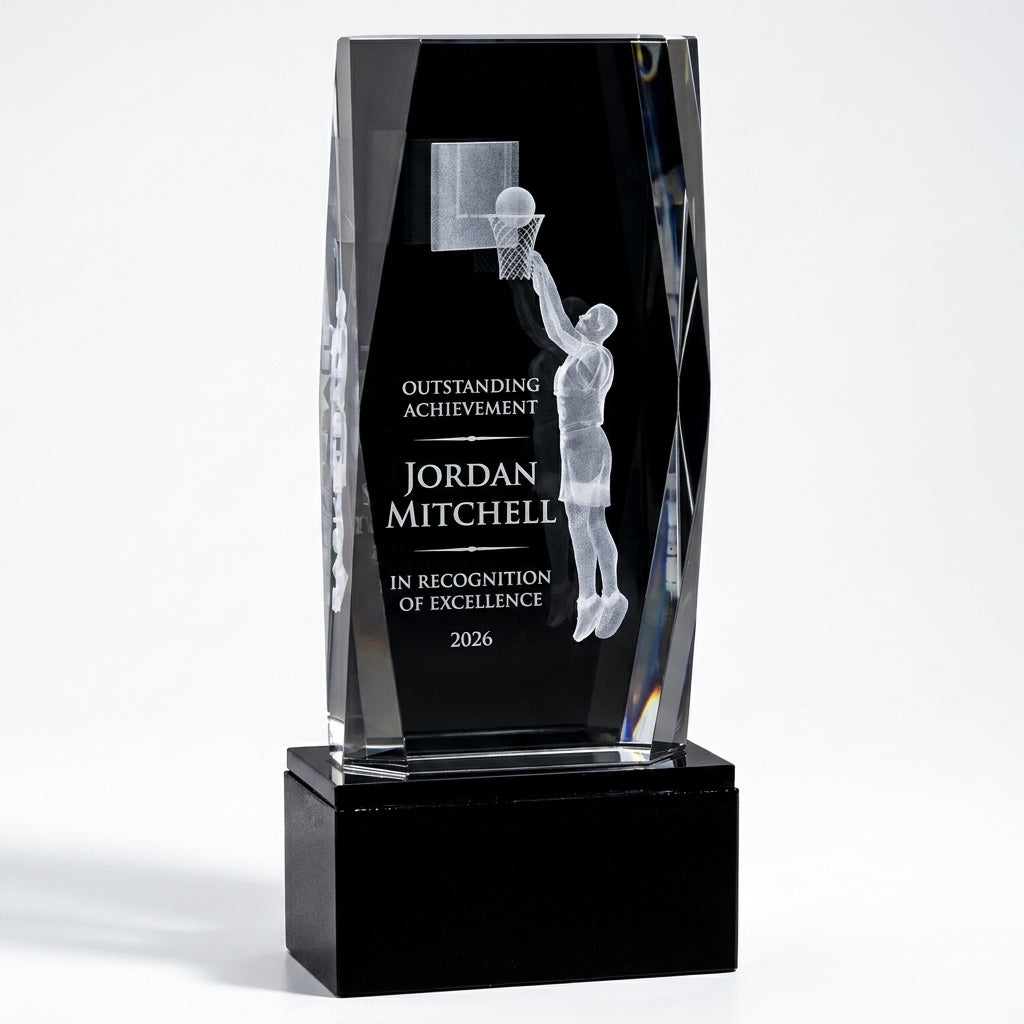 Personalized Crystal Tower 3D Basketball Award crystal award, custom laser engraved recognition award on a clean white studio background