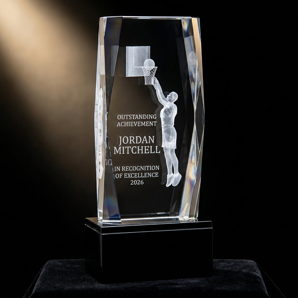 Personalized Crystal Tower 3D Basketball Award crystal award on black velvet under awards-ceremony spotlight, engraved champion and lifetime achievement award