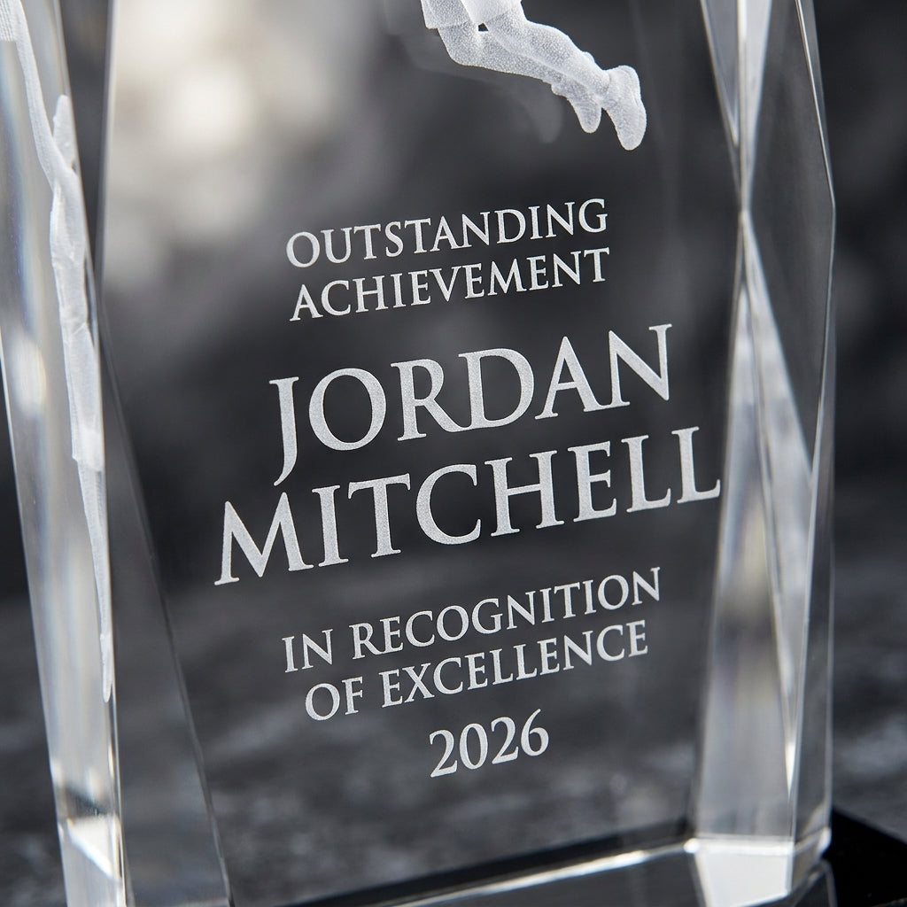 Close-up of the custom laser engraving on a personalized Crystal Tower 3D Basketball Award crystal award, showing crisp permanent personalization