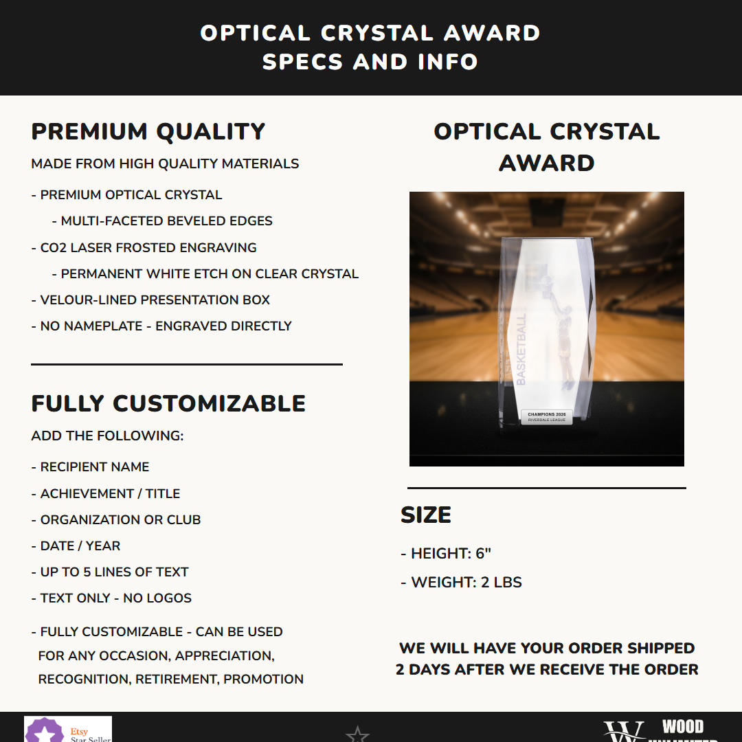 Specifications for the personalized Crystal Tower 3D Basketball Award crystal award — materials, engraving, and features