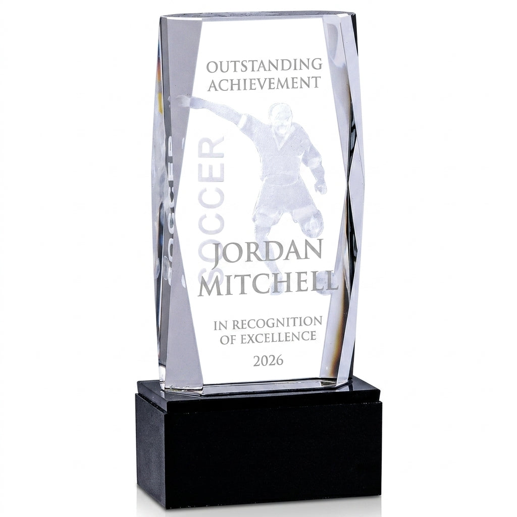 Personalized Crystal Tower 3D Soccer Award crystal award, custom laser engraved recognition award on a clean white studio background