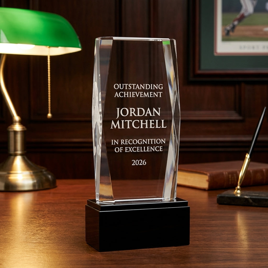 Personalized Crystal Tower 3D Soccer Award crystal award on a warm executive desk with a green banker's lamp, engraved corporate recognition and retirement gift