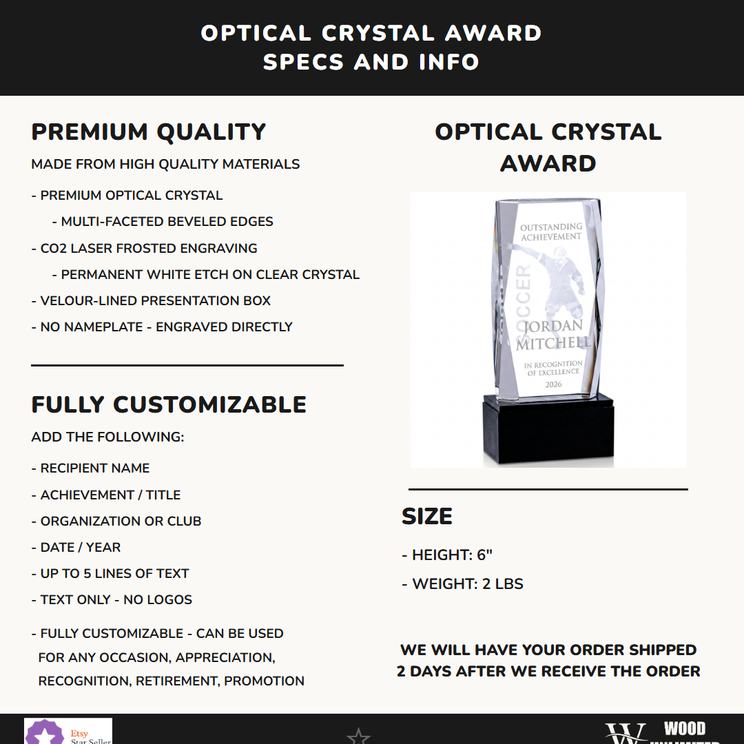 Specifications for the personalized Crystal Tower 3D Soccer Award crystal award — materials, engraving, and features