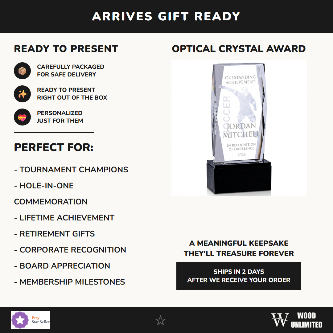 Gift-ready personalized Crystal Tower 3D Soccer Award crystal award, perfect for ceremonies, retirements, and corporate recognition
