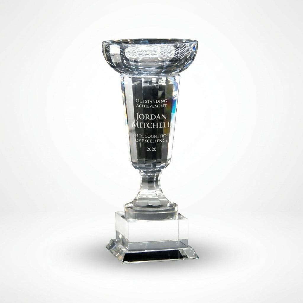 Personalized Cup Trophy crystal award, custom laser engraved recognition award on a clean white studio background