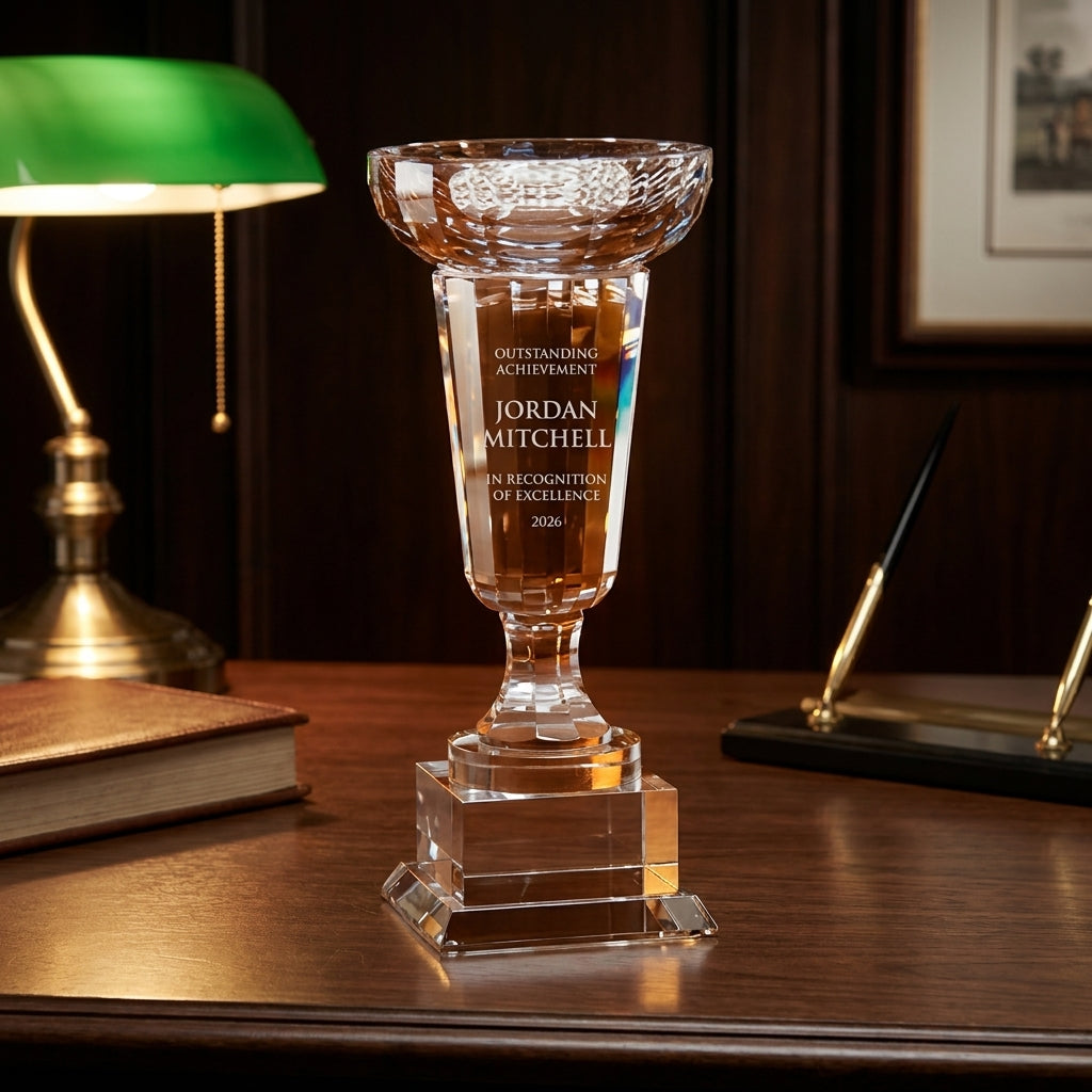 Personalized Cup Trophy crystal award on a warm executive desk with a green banker's lamp, engraved corporate recognition and retirement gift