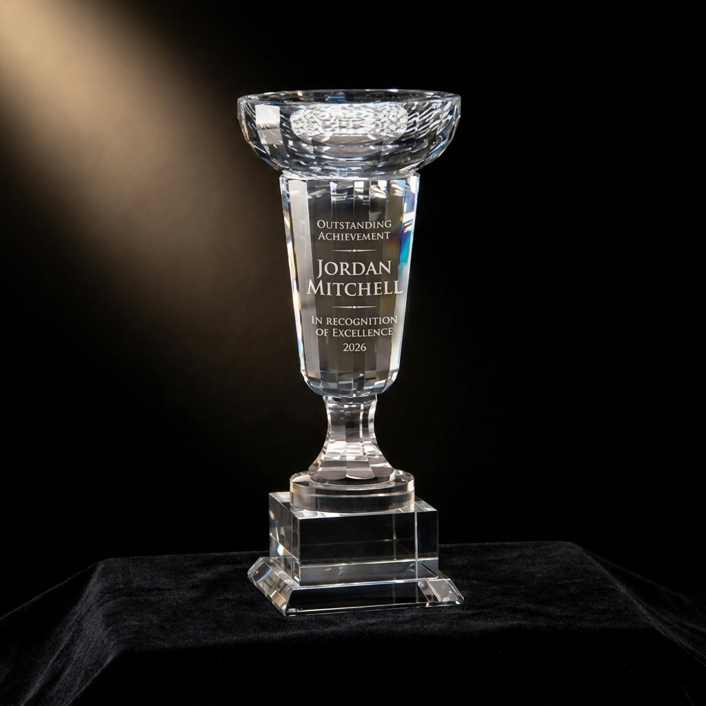 Personalized Cup Trophy crystal award on black velvet under awards-ceremony spotlight, engraved champion and lifetime achievement award