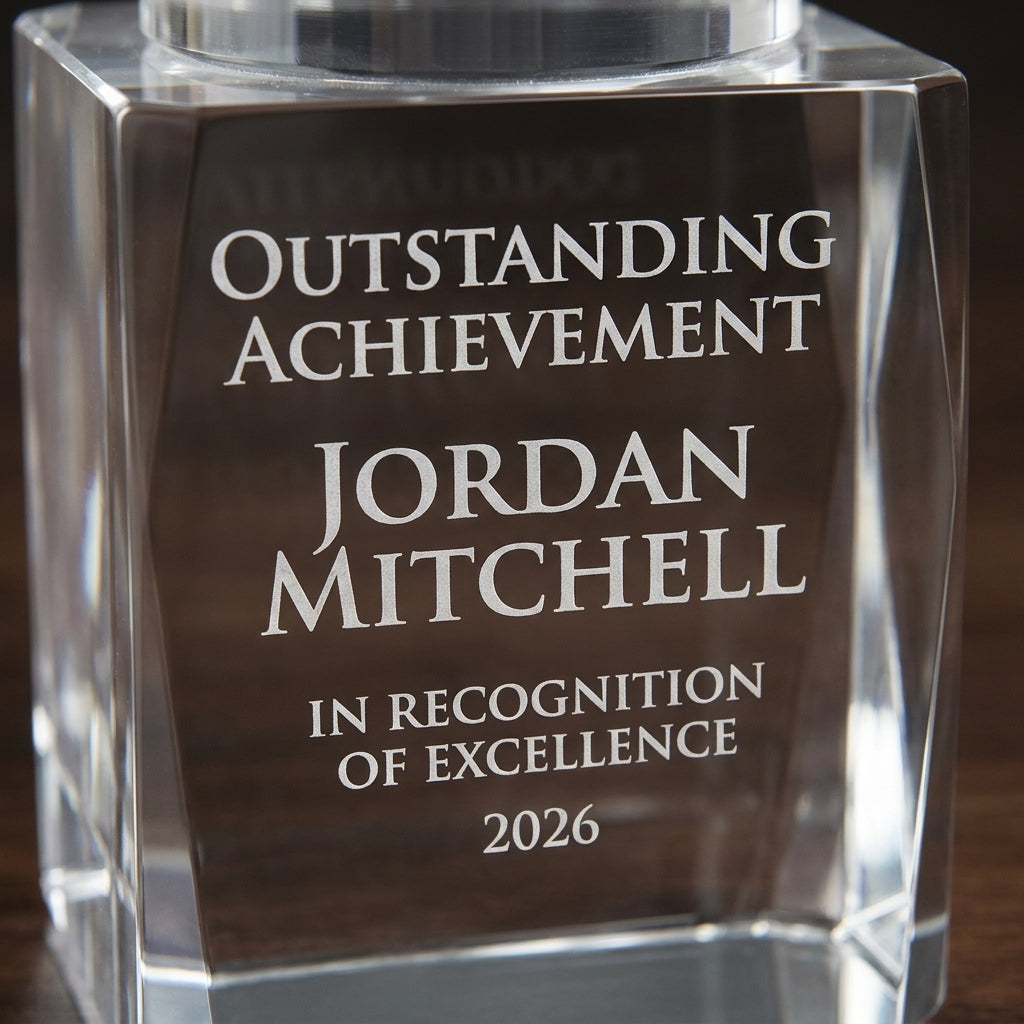 Close-up of the custom laser engraving on a personalized Cup Trophy crystal award, showing crisp permanent personalization