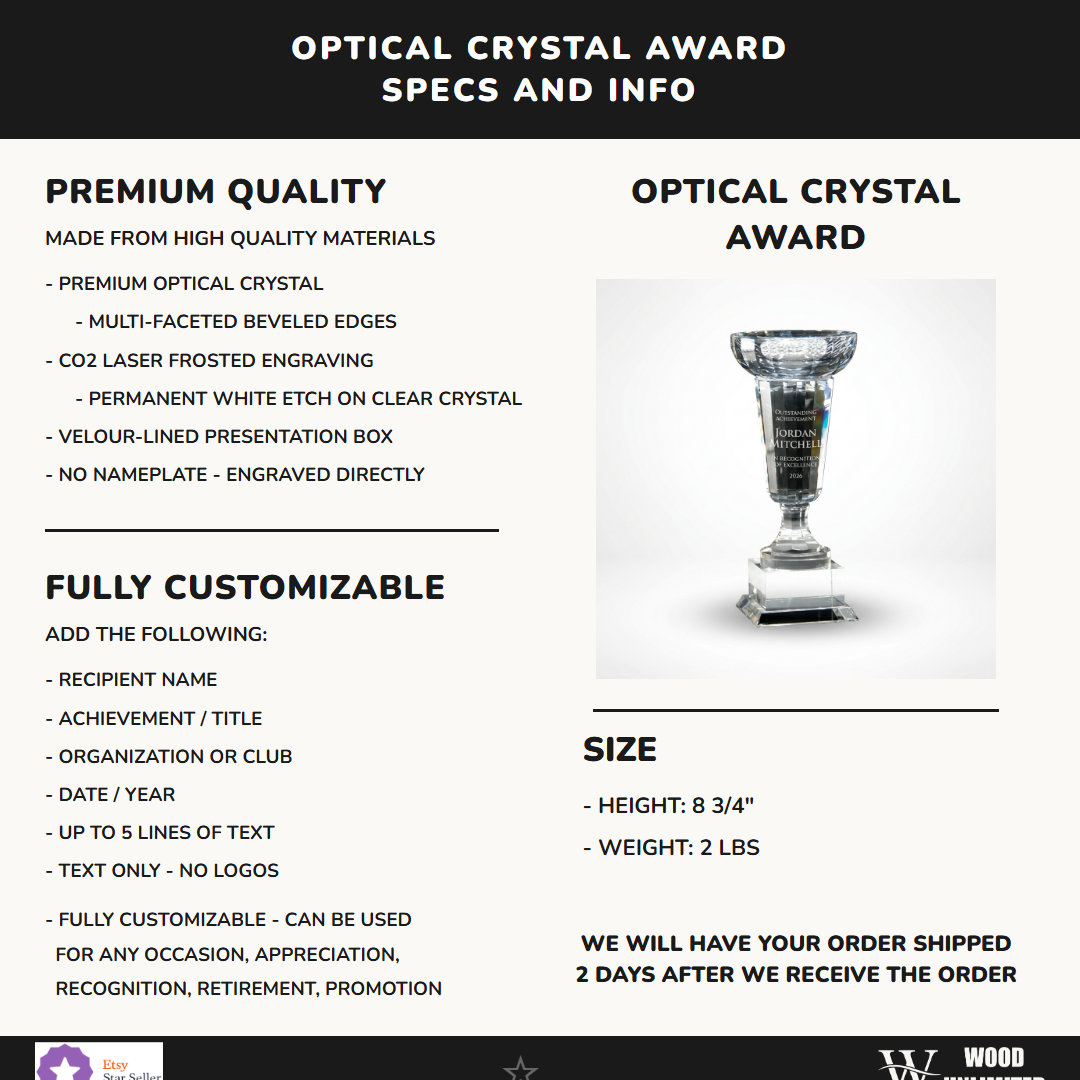 Specifications for the personalized Cup Trophy crystal award — materials, engraving, and features