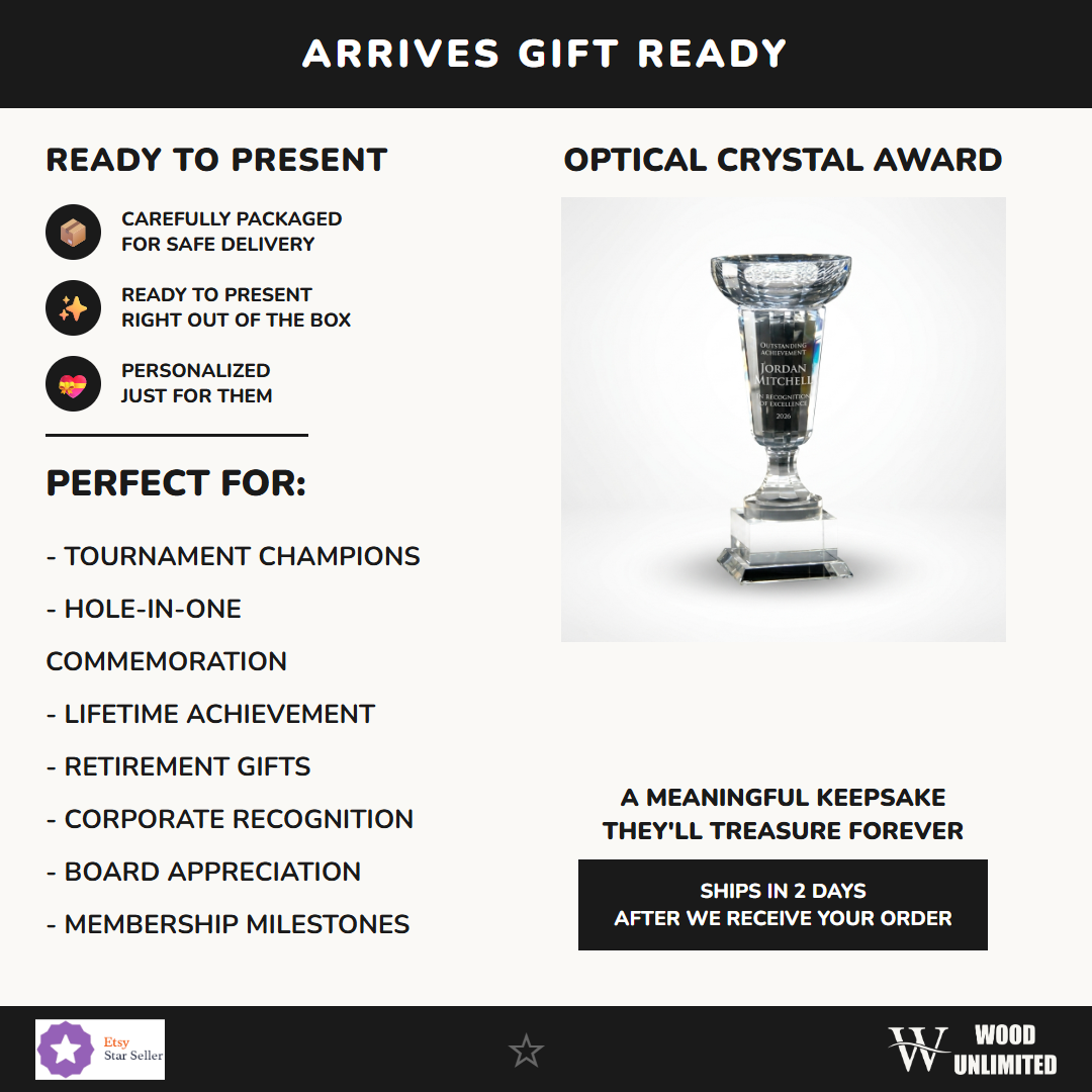 Gift-ready personalized Cup Trophy crystal award, perfect for ceremonies, retirements, and corporate recognition