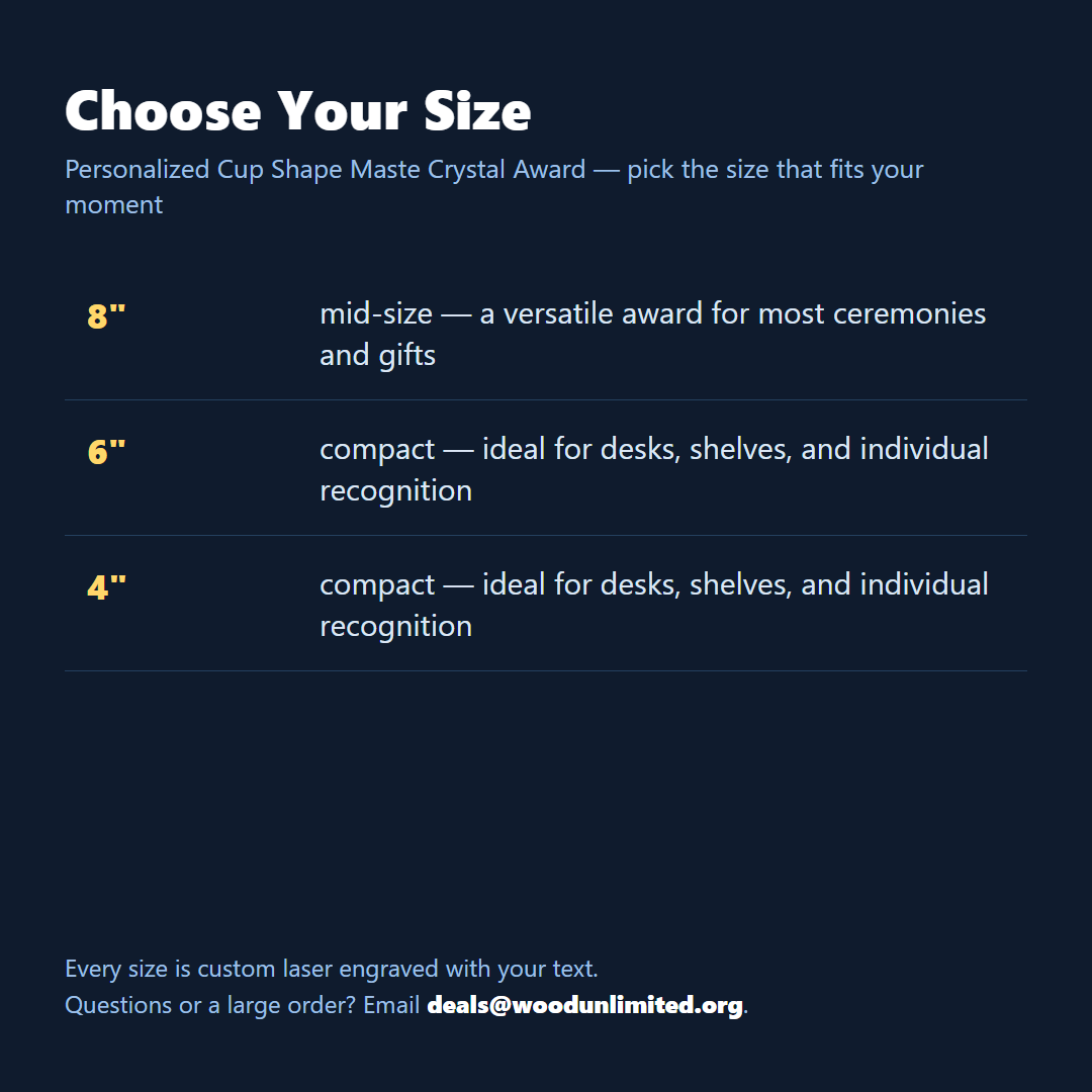 Size guide for the personalized Cup Trophy crystal award, choose the size that fits your ceremony or gift