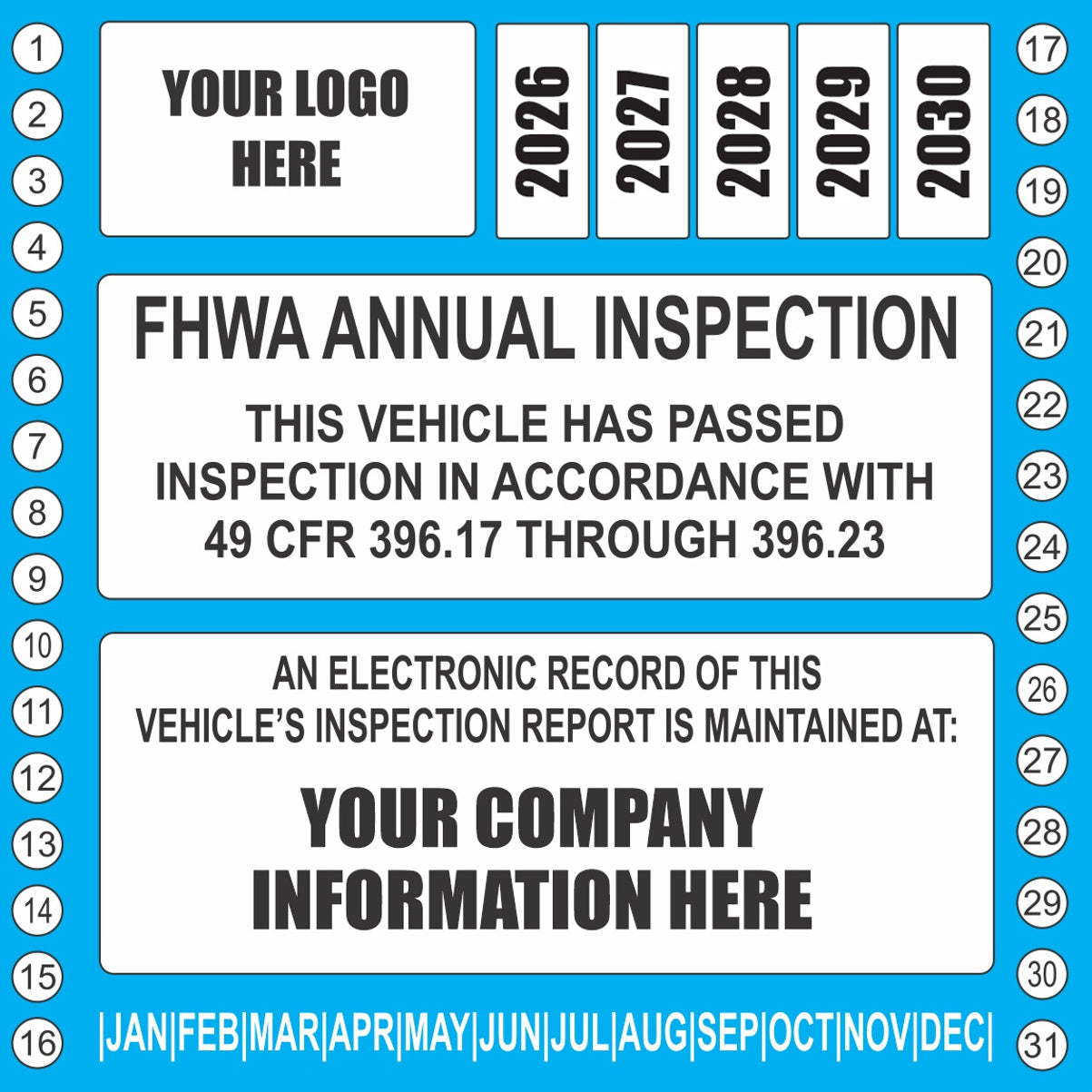 Blue FHWA truck annual inspection label, 4x4 inch UV-resistant vinyl with 2026-2030 grid