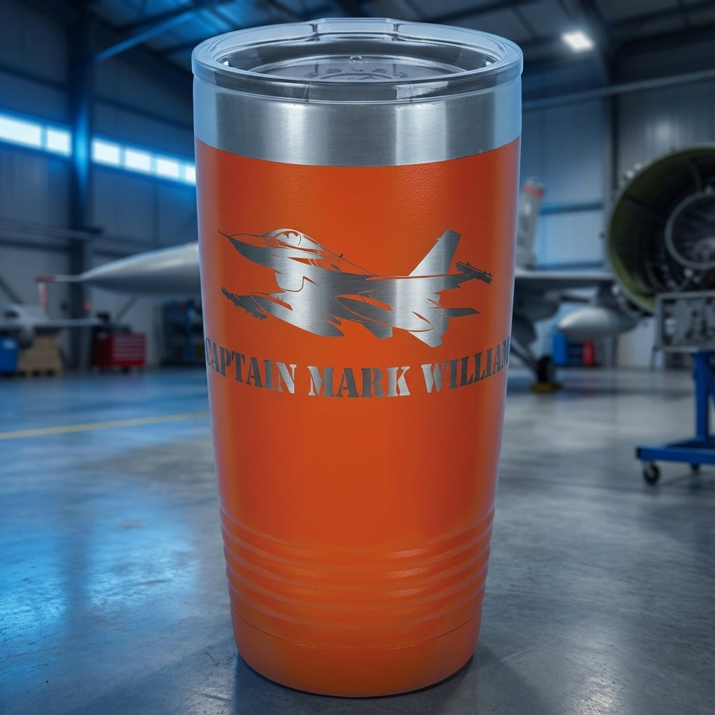 F16 Air Force Pilot Tumbler Gift - Personalized Military Veteran Retirement - Laser Engraved Custom Name - View 4
