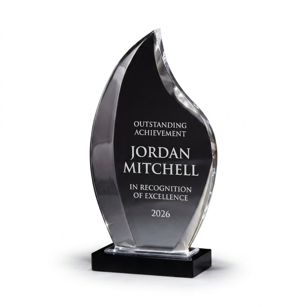 Personalized Deep Bevel Lucite Fl acrylic award, custom laser engraved recognition award on a clean white studio background